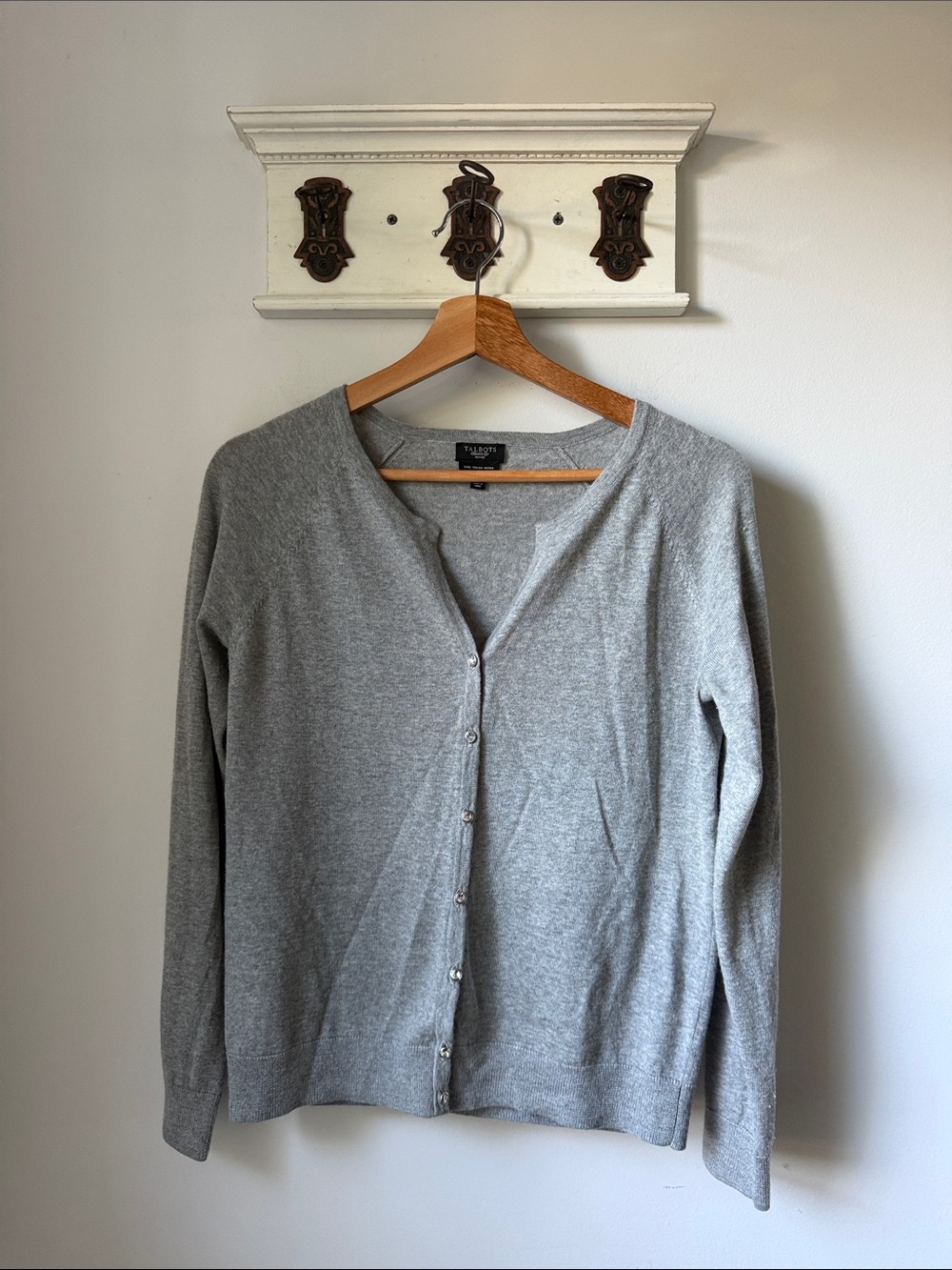 Talbots Petites  100% Merino Wool Gray Button-Front Cardigan Sweater Classic Med